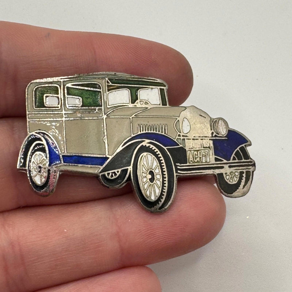 Vtg 1928 Plymouth Sedan Car  Blue Gray Enamel Lapel Pin A Classic Trade Mark