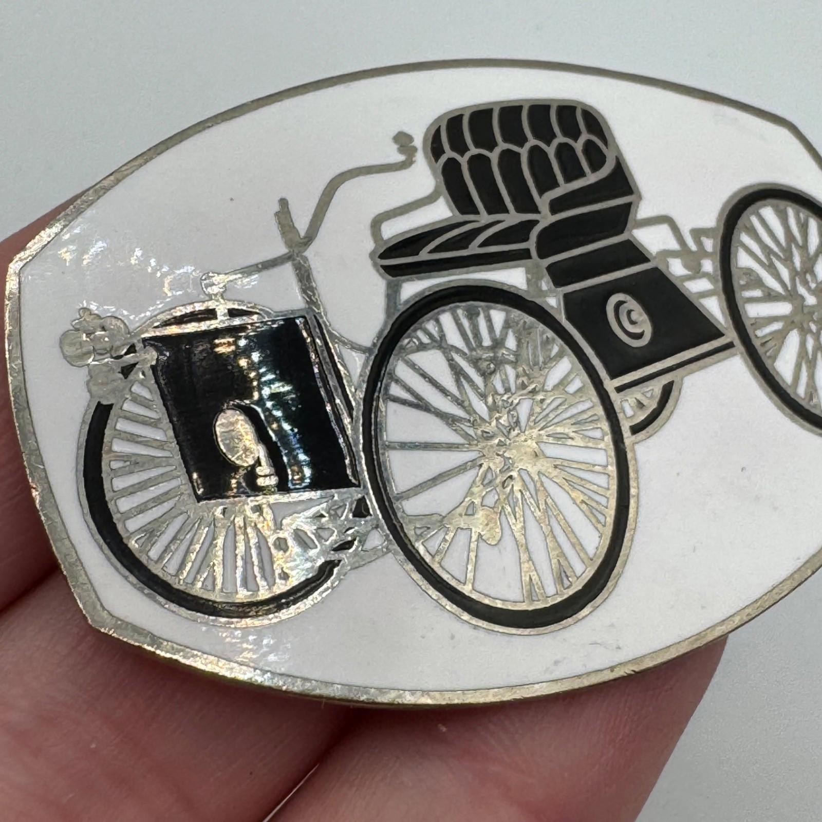 Vintage Horseless Carriage Early Auto Enamel Lapel Pin Oval Black Silver