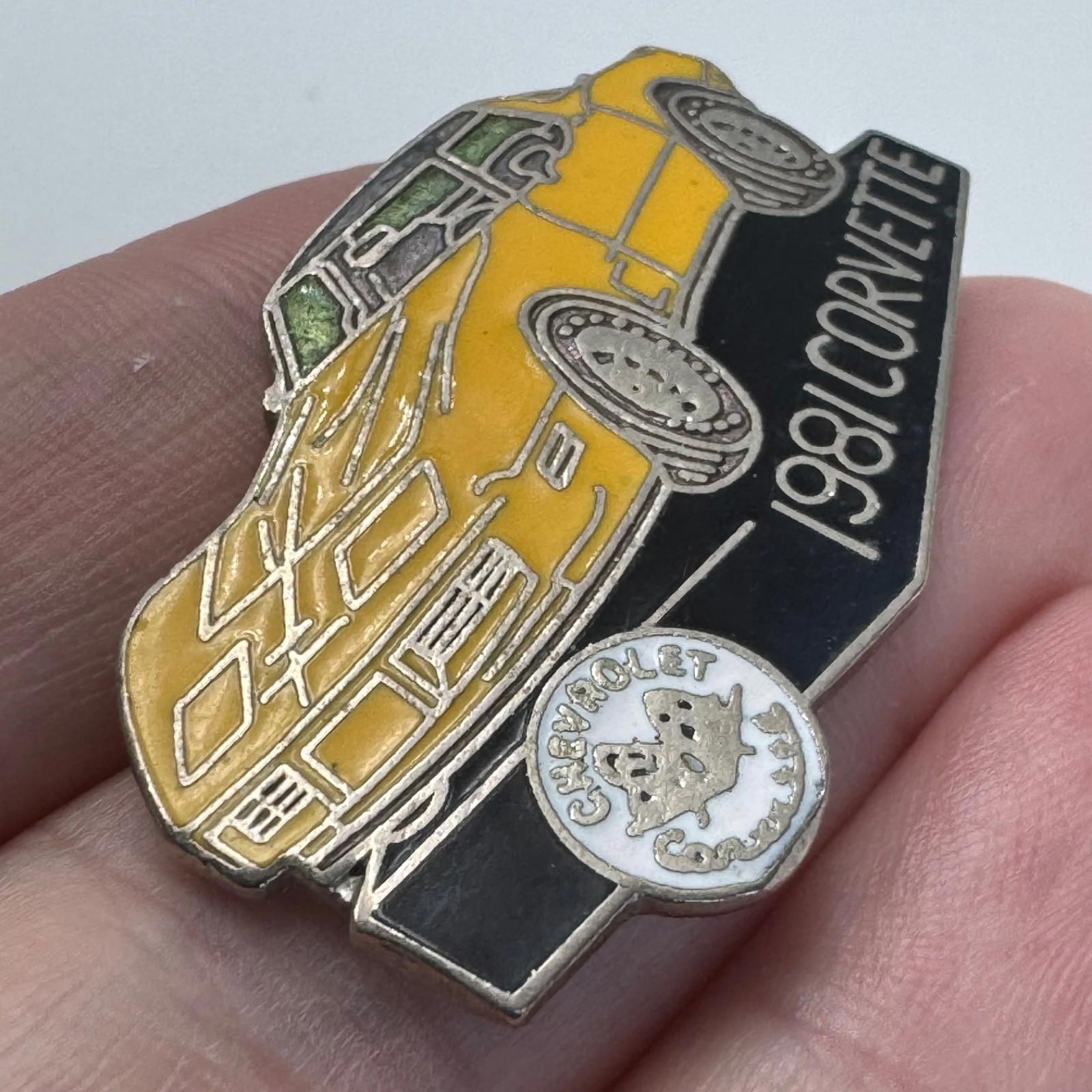 Vintage Chevrolet 1981 Corvette Yellow Sports Car Lapel Pin 1980s Enamel