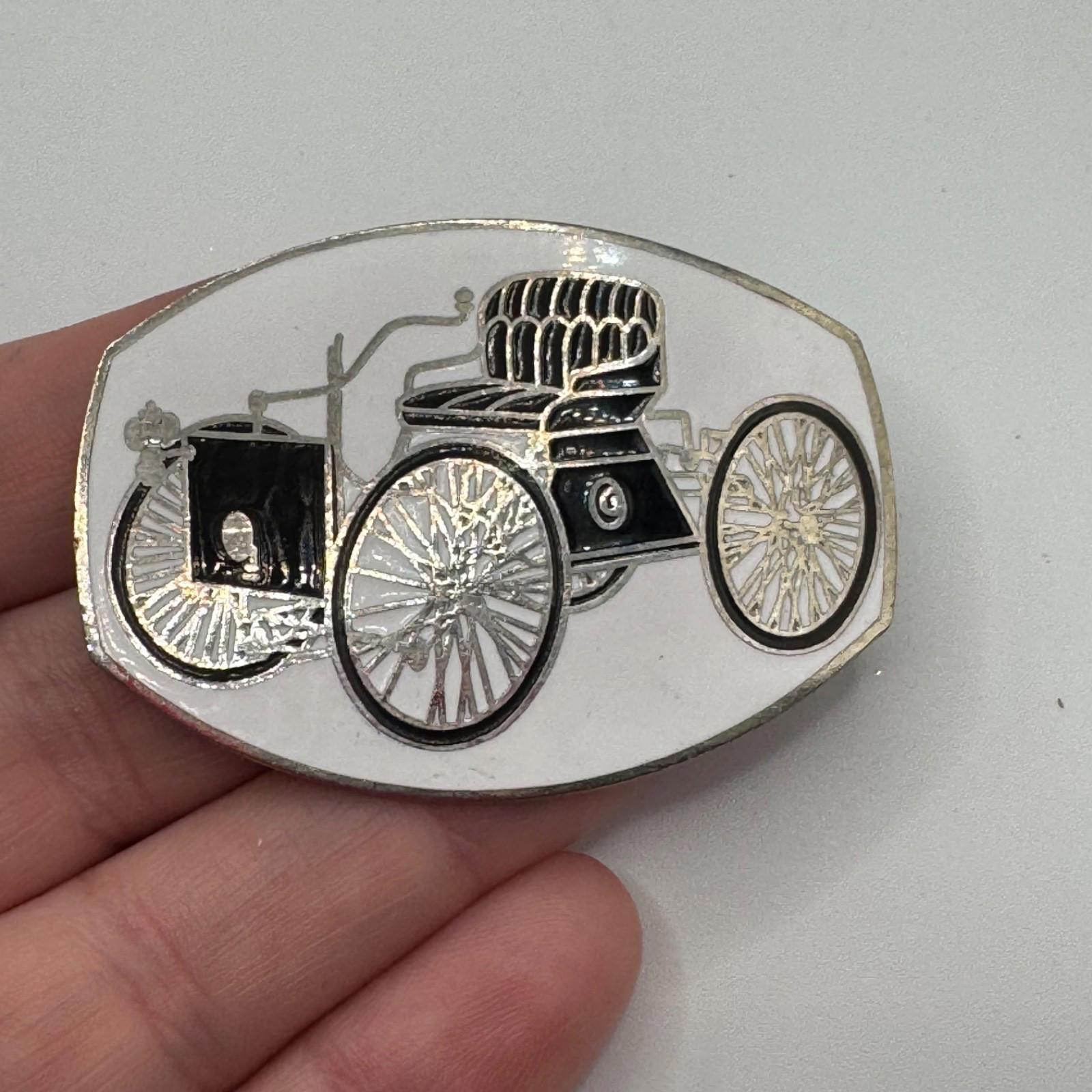 Vintage Horseless Carriage Early Auto Enamel Lapel Pin Oval Black Silver