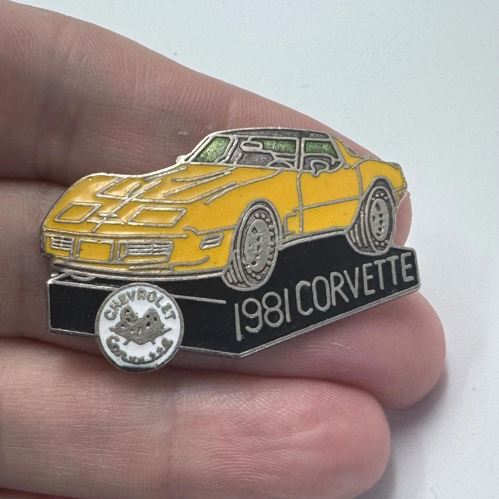 Vintage Chevrolet 1981 Corvette Yellow Sports Car Lapel Pin 1980s Enamel