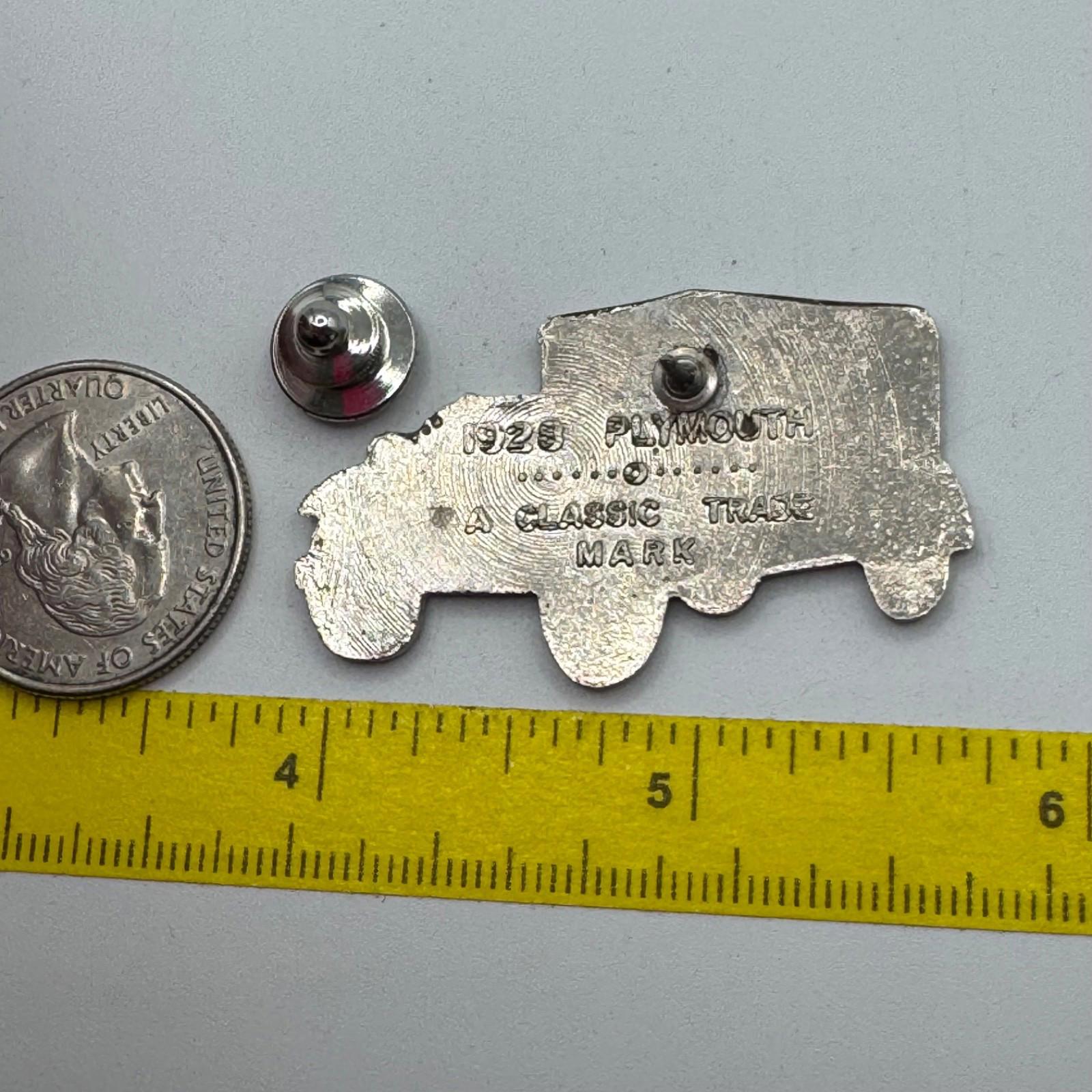 Vtg 1928 Plymouth Sedan Car  Blue Gray Enamel Lapel Pin A Classic Trade Mark