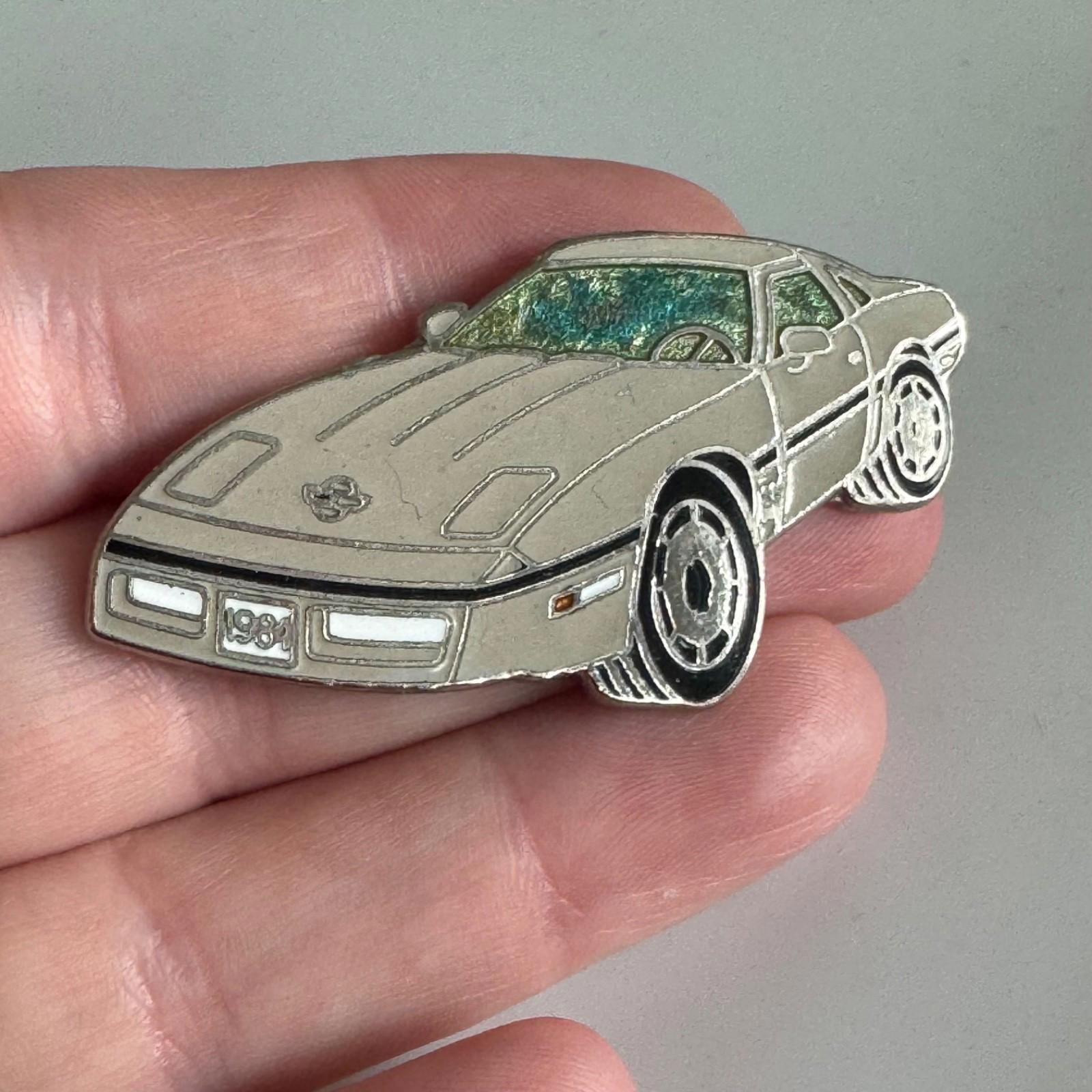 Vintage Large 1986 Chevrolet Corvette C4 Silver Sports Car Enamel Lapel Hat Pin